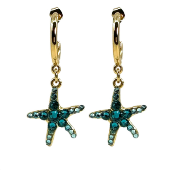 Ekaterini Ohrringe Starfish, Seestern, türkise Swarovski Kristalle an brauner Kordel und goldenen Akzenten